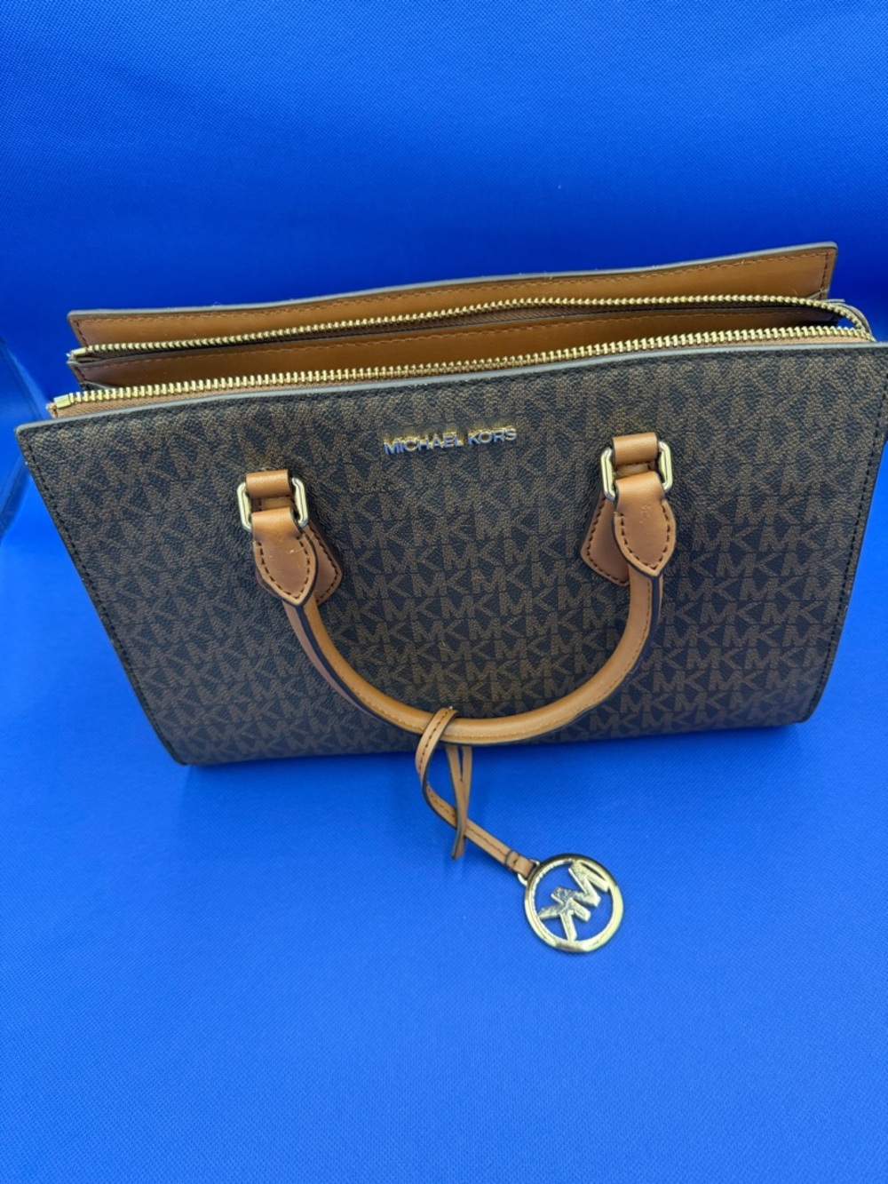 Michael Kors Brown MK Signature Satchel with Tan Leather Trim